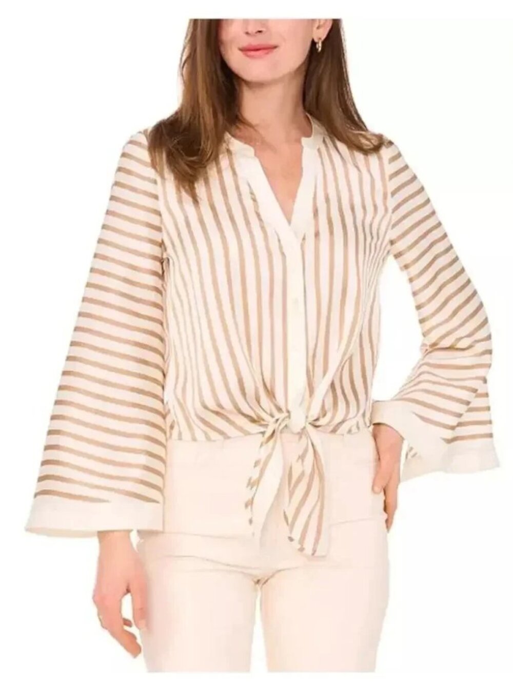 Vince Camuto Womens Striped Tie-Front Blouse Almond Size XS
